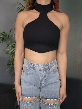 ☆5/$15☆Black Ribbed Halter Neck Crop Top with Collar | Size XS